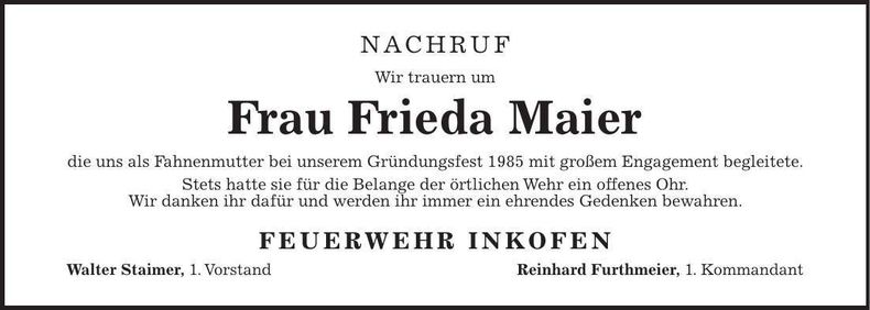 Traueranzeige Frieda Maier