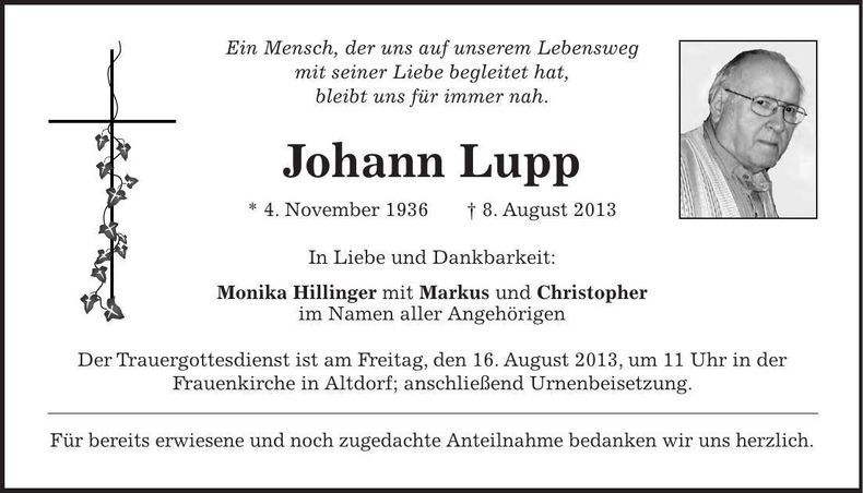 Traueranzeige Johann Lupp