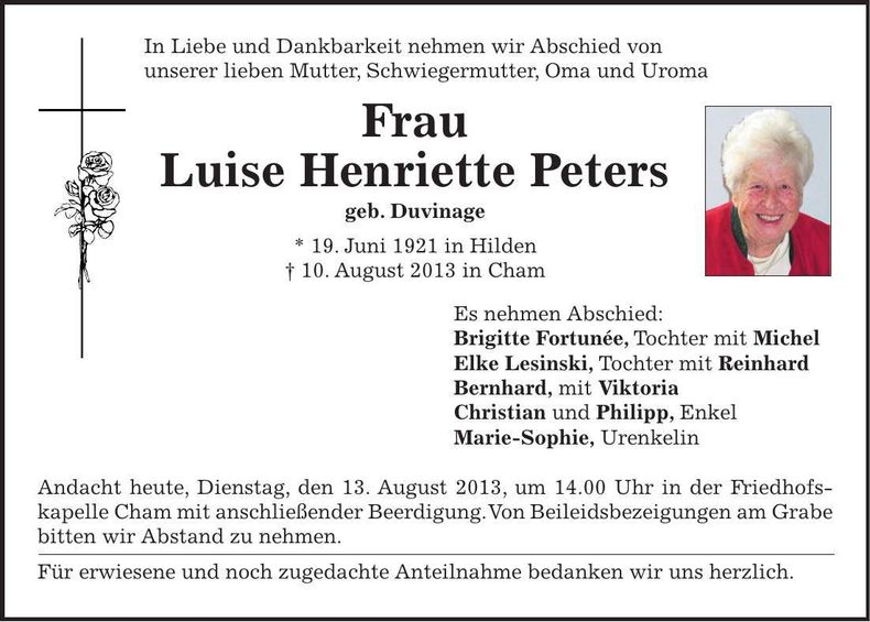Traueranzeige Luise Henriette Peters