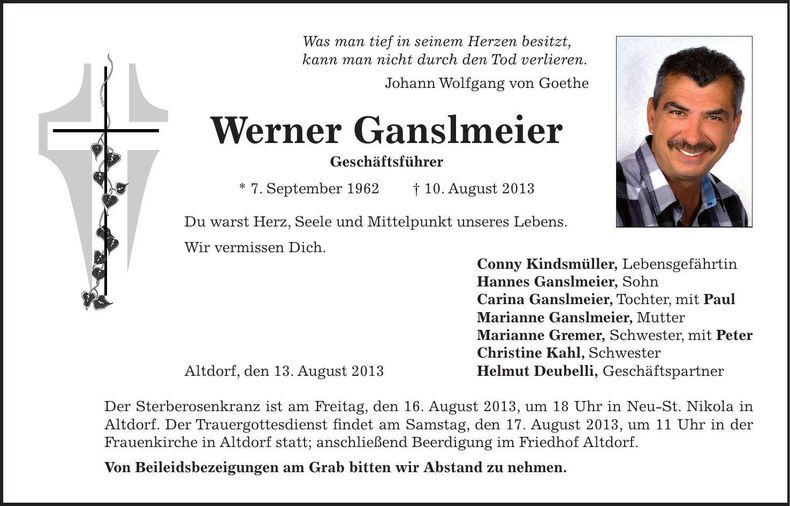 Traueranzeige Werner Ganslmeier