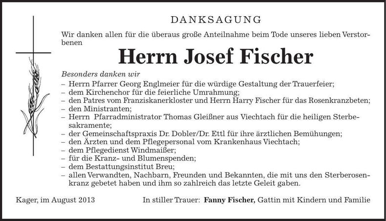Traueranzeige Josef Fischer