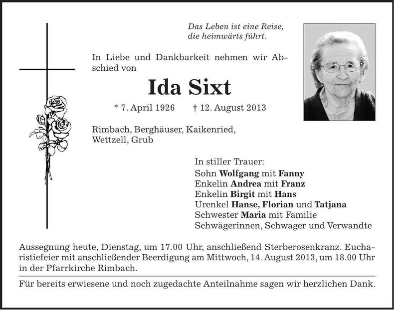 Traueranzeige Ida Sixt