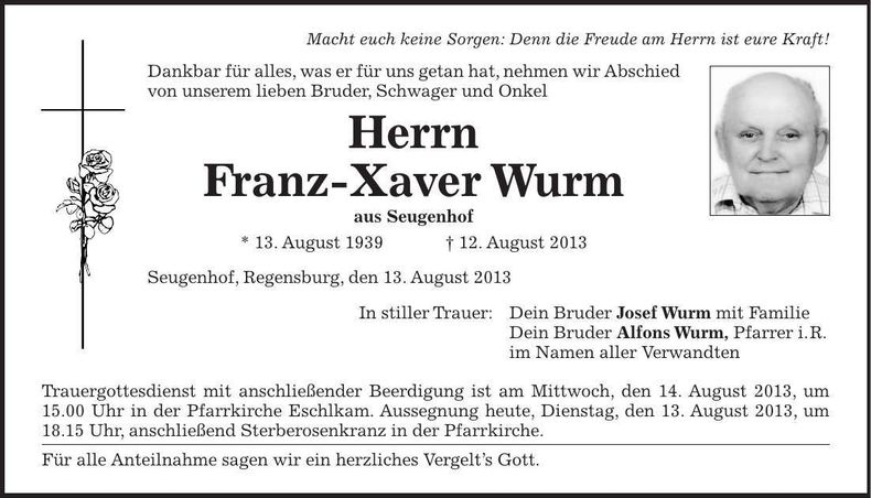 Traueranzeige Franz-Xaver Wurm