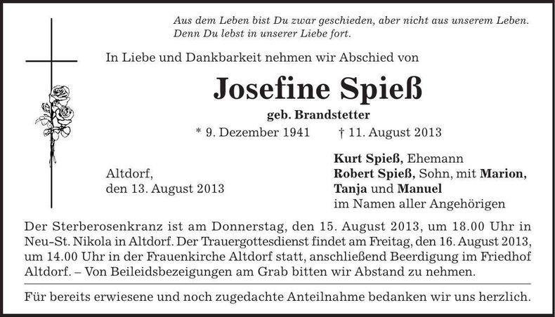 Traueranzeige Josefine Spieß