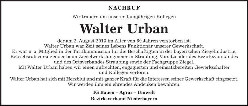 Traueranzeige Walter Urban