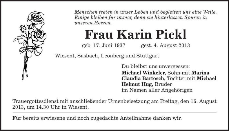 Traueranzeige Karin Pickl