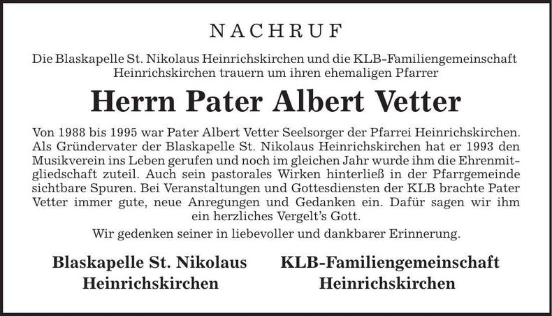 Traueranzeige Albert Vetter