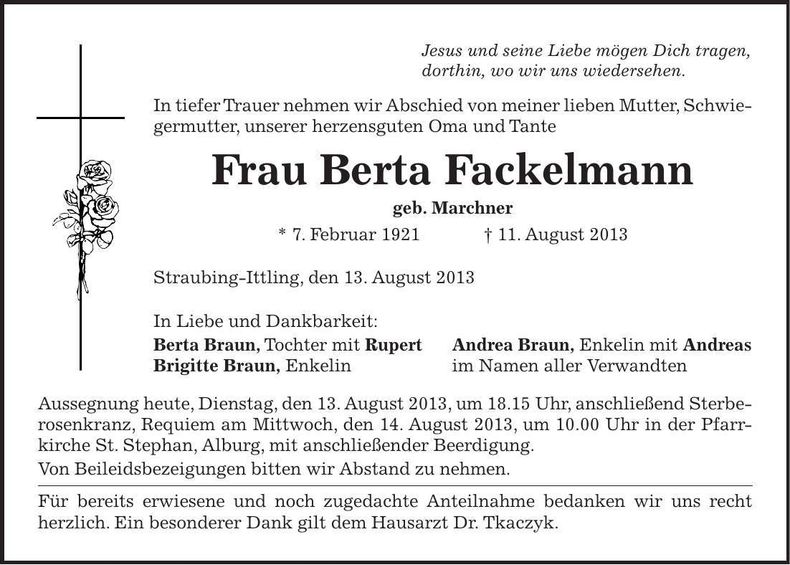 Traueranzeige Berta Fackelmann