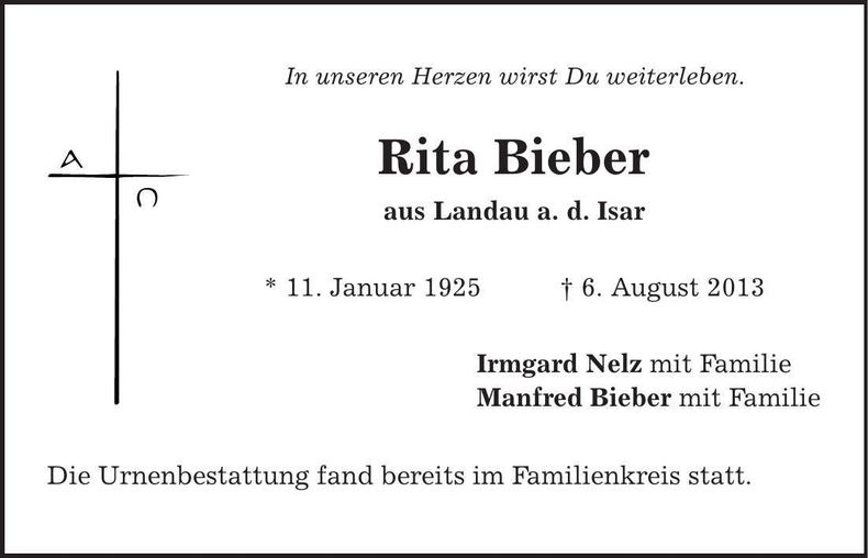 Traueranzeige Rita Bieber