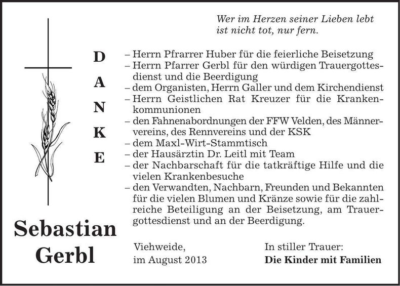 Traueranzeige Seabstian Gerbl