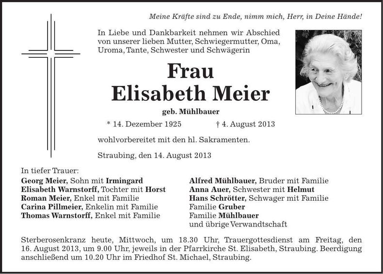 Traueranzeige Elisabeth Meier