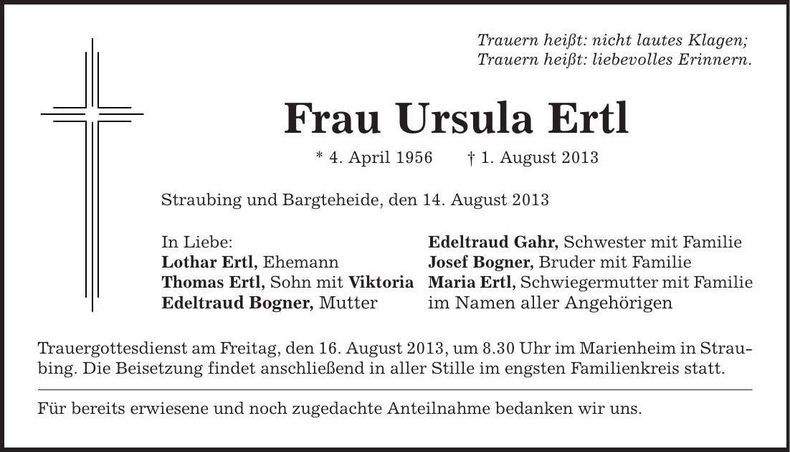 Traueranzeige Ursula Ertl