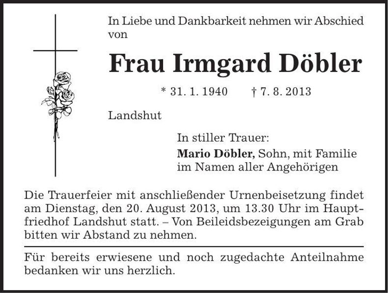 Traueranzeige Irmgard Döbler