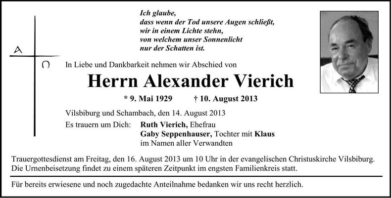 Traueranzeige Alexander Vierich
