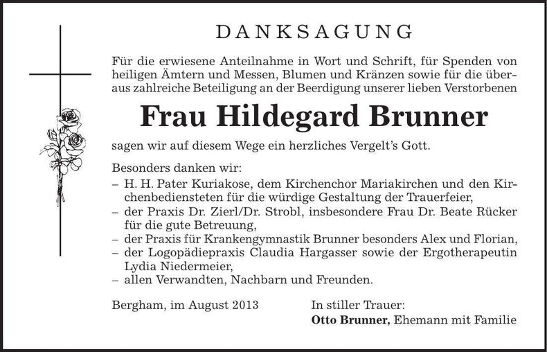 Traueranzeige Hildegard Brunner