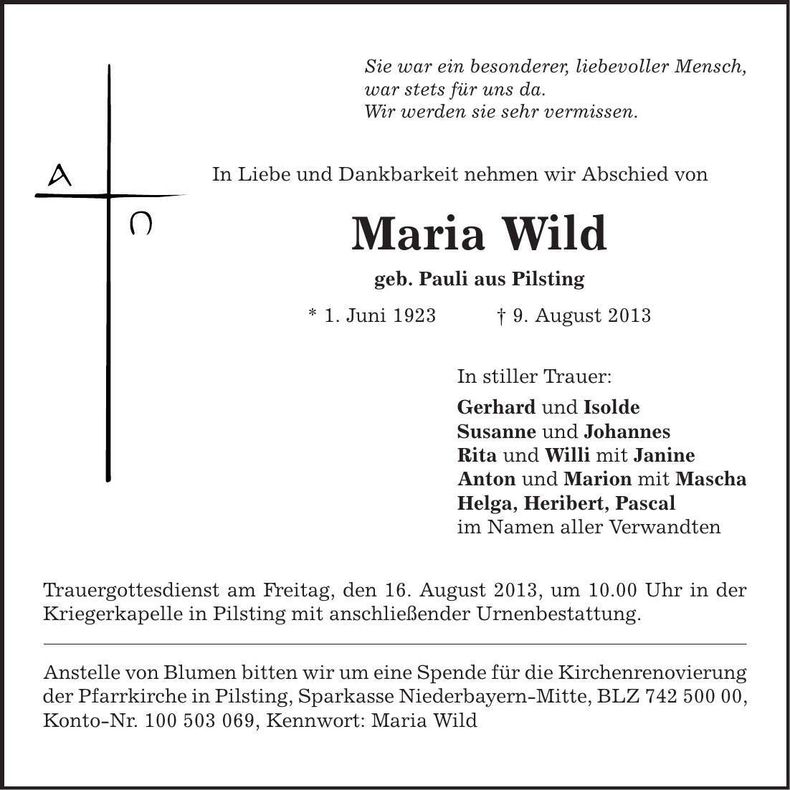 Traueranzeige Maria Wild