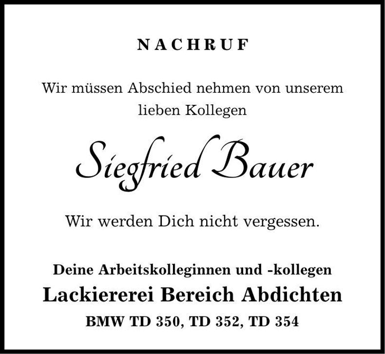 Traueranzeige Siegfried Bauer