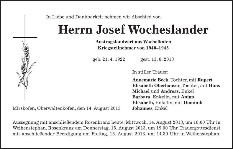 Traueranzeige Josef Wocheslander