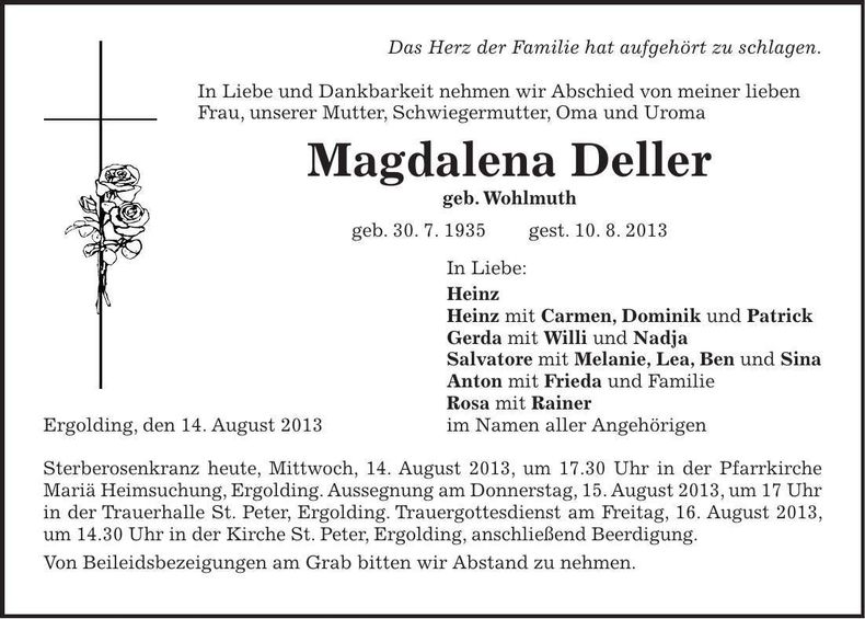 Traueranzeige Magdalena Deller