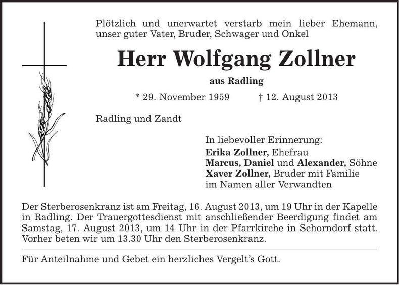 Traueranzeige Wolfgang Zollner