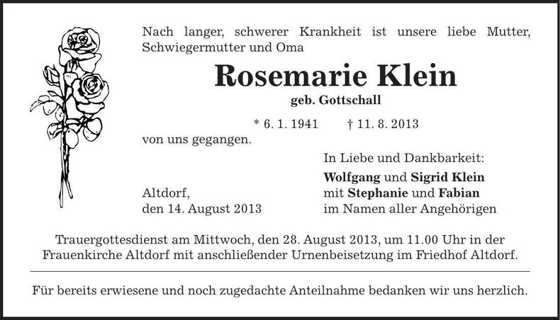 Traueranzeige Klein Rosemarie