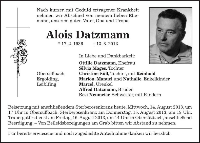 Traueranzeige Alois Datzmann