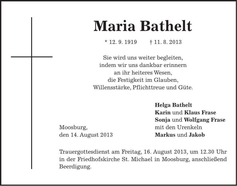 Traueranzeige Maria Bathelt