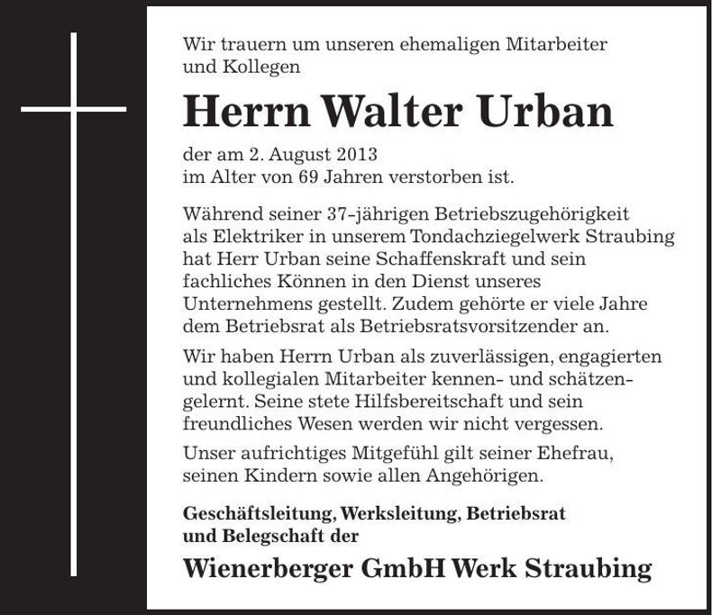 Traueranzeige Walter Urban