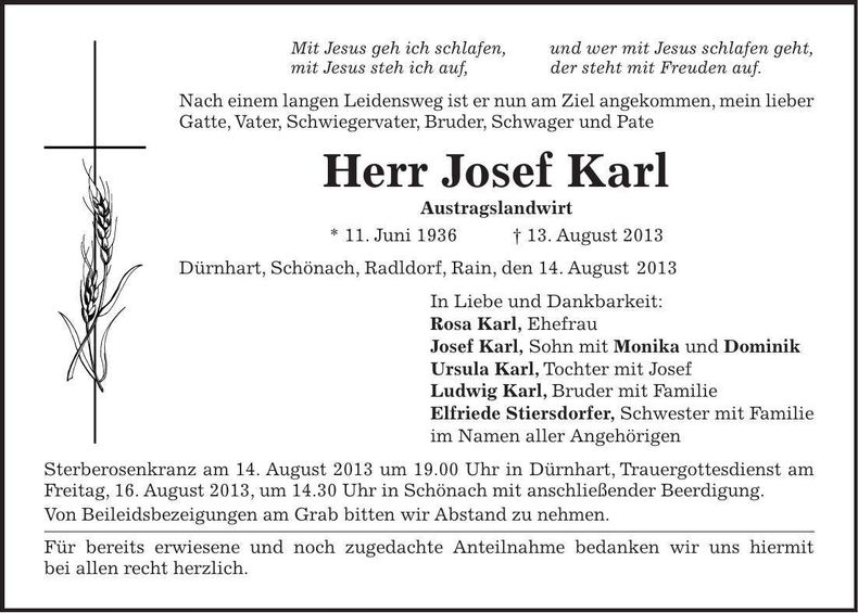 Traueranzeige Josef Karl