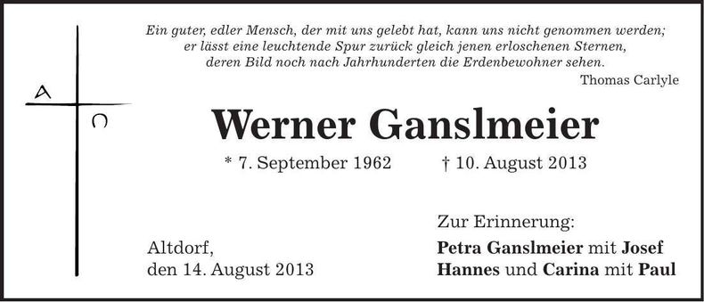 Traueranzeige Werner Ganslmeier