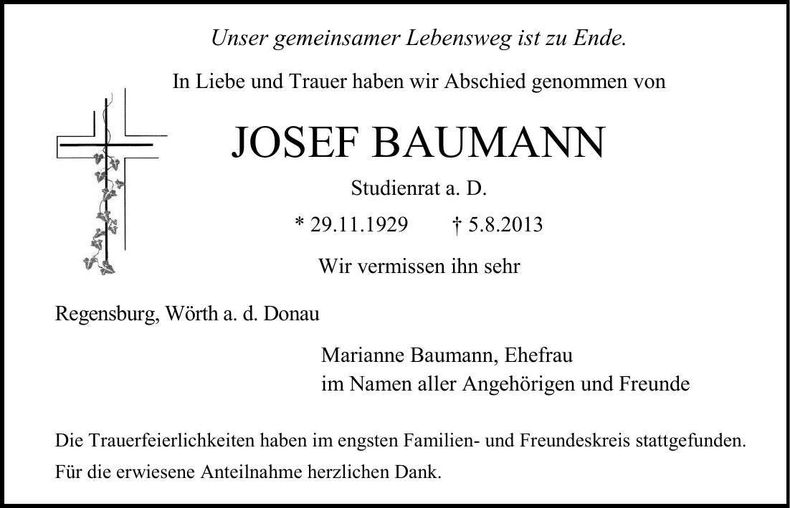 Traueranzeige Josef Baumann