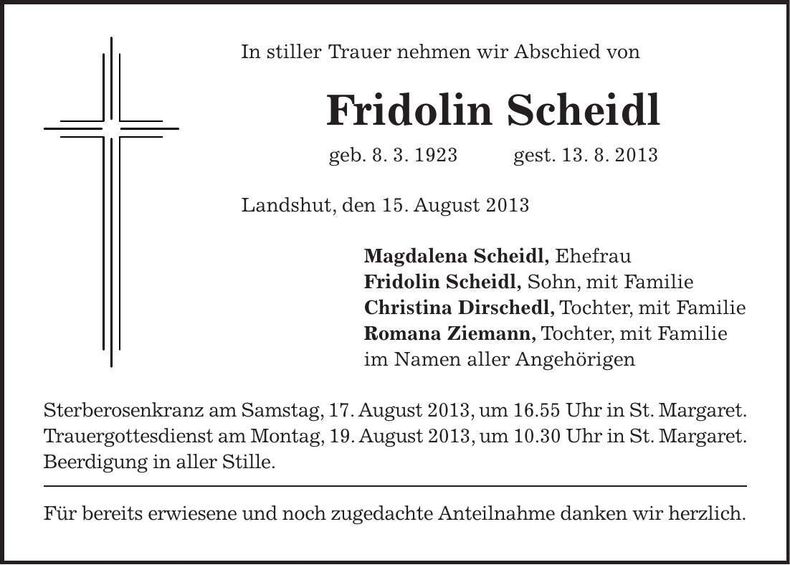 Traueranzeige Fridolin Scheidl