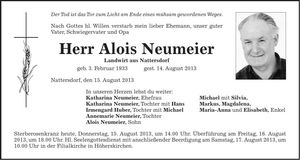 Traueranzeige Alois Neumeier