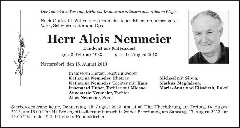 Traueranzeige Alois Neumeier