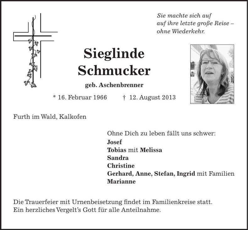 Traueranzeige Sieglinde Schmucker