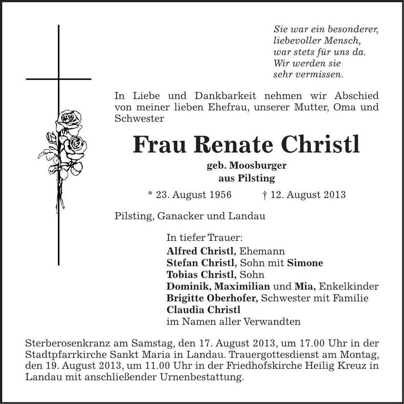 Traueranzeige Renate Christl