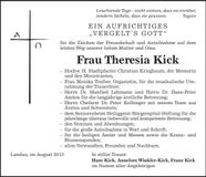 Traueranzeige Theresia Kick