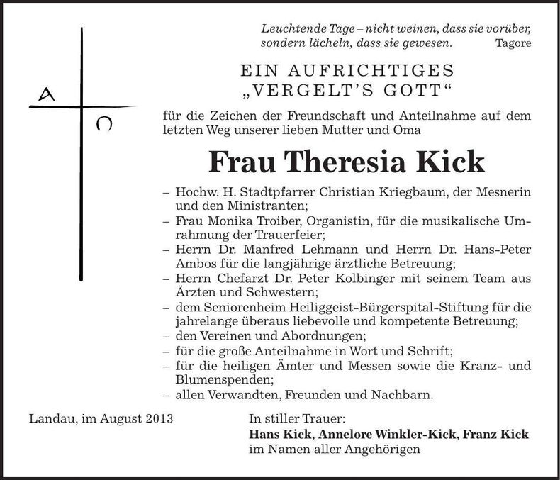 Traueranzeige Theresia Kick