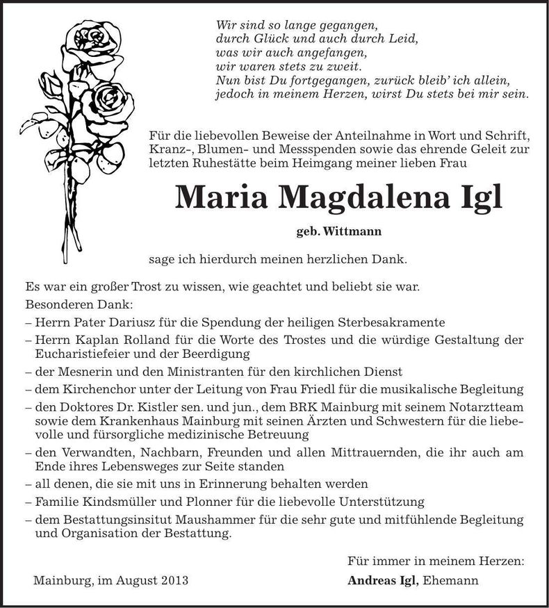 Traueranzeige Maria Magdalena Igl