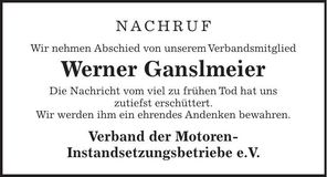 Traueranzeige Werner Ganslmeier