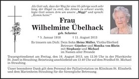 Traueranzeige Wilhelmine Übelhack
