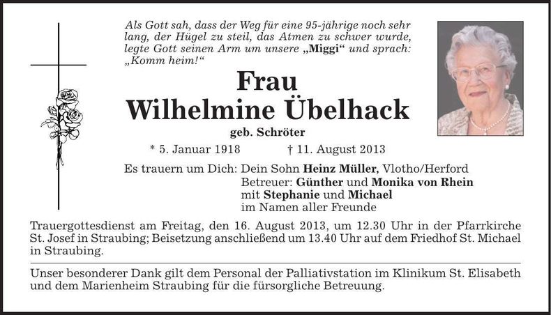 Traueranzeige Wilhelmine Übelhack