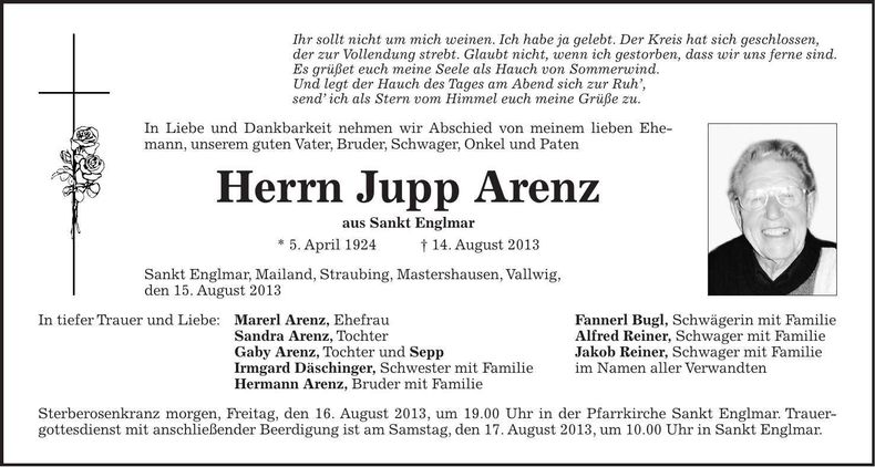 Traueranzeige Jupp Arenz