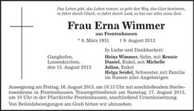 Traueranzeige Erna Wimmer