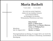 Traueranzeige Maria Bathelt