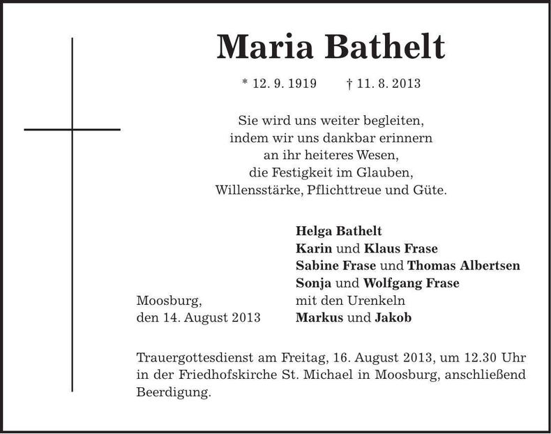 Traueranzeige Maria Bathelt