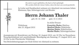 Traueranzeige Johann Thaler