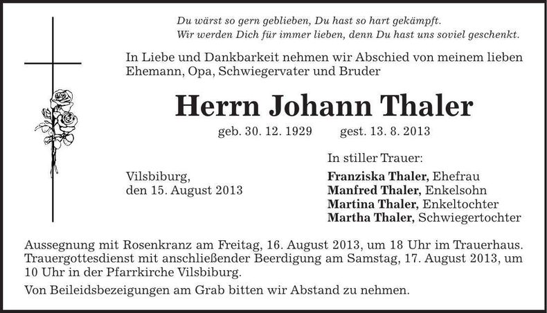 Traueranzeige Johann Thaler