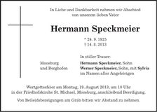 Traueranzeige Hermann Speckmeier