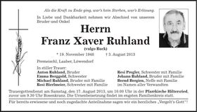 Traueranzeige Franz Xaver Ruhland